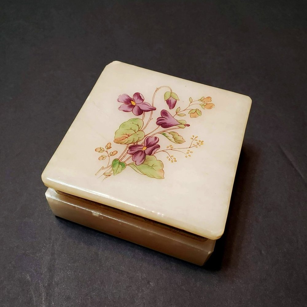 Vintage Alabaster Hinged Box, Violets Purple Flowers, Trinket Keepsake Box